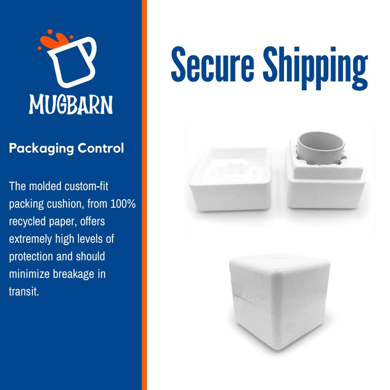 May include: White styrofoam packaging for a mug. The packaging is designed to protect the mug during shipping. The text "Secure Shipping" is printed on the image.