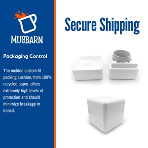 May include: A white moulded custom-fit packing cushion made of recycled paper, shown in three states: open with a mug inside, empty open, and closed as a solid cube. The text reads Secure Shipping, Mugbarn, and Packaging Control.