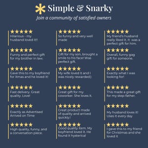 May include: A dark blue graphic display titled Simple & Snarky featuring fifteen five-star customer reviews. Each review includes a yellow star rating and text testimonials about gift experiences, product quality, and humor, arranged in three columns.
