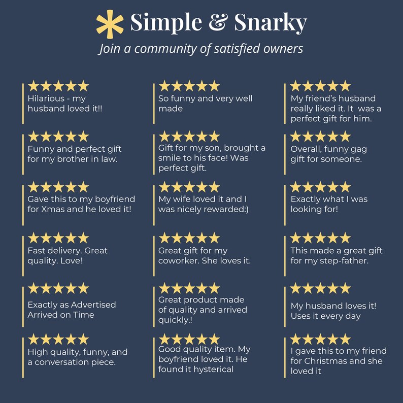 May include: A dark blue graphic display titled Simple & Snarky featuring fifteen five-star customer reviews. Each review includes a yellow star rating and text testimonials about gift experiences, product quality, and humor, arranged in three columns.