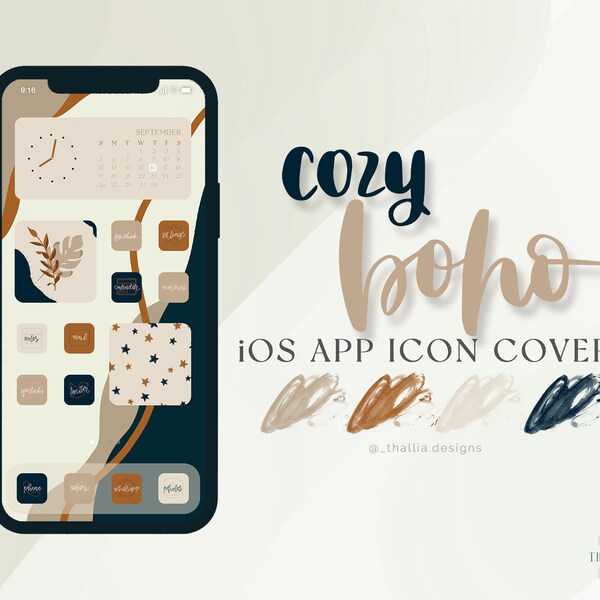 iPhone Cozy Boho iOS 17 Icon Covers | Minimalist apps, 1,300 icons in blue,beige,yellow, handmade autumn wallpapers and  fall widgets