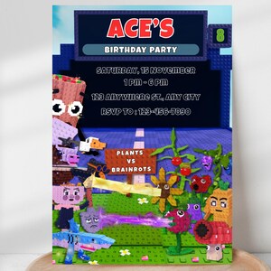Op de afbeelding: Een kleurrijke uitnodiging voor een verjaardagsfeestje met de tekst "ACE'S BIRTHDAY PARTY". De uitnodiging bevat de datum, tijd, locatie en RSVP-informatie. Het ontwerp heeft een Plants vs Brainrots-thema met verschillende cartoonfiguren.