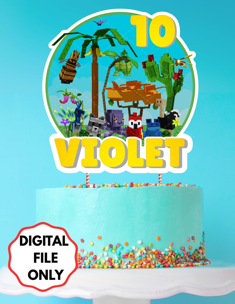 May include: A birthday cake with teal icing and colourful sprinkles. The cake is decorated with a round topper featuring cartoon characters, a palm tree, and the name "VIOLET" in yellow letters. The number "10" is also displayed.