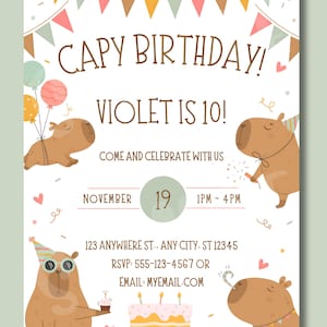 Convite de aniversário de capivara | Convite editável 5x7 Canva | Download instantâneo | Convite de aniversário digital | Modelo de festa de animal capivara fofo