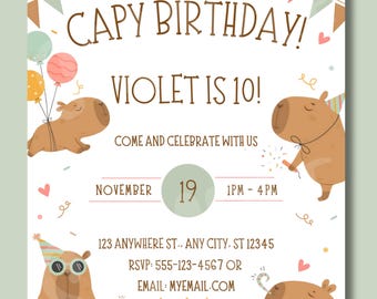 Capybara Birthday Invitation | Editable 5x7 Canva Invite | Instant Download | Digital Birthday Invite | Cute Capybara Animal Party Template