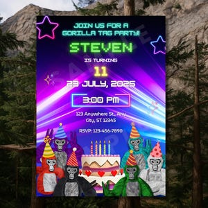 May include: A neon-themed birthday party invitation for Steven's 11th birthday. The invitation features a purple and blue background with neon green and pink accents. The text reads "Join us for a Gorilla Tag Party! Steven is turning 11. 23 July, 2025. 3:00 PM. 123 Anywhere St, Any City, ST 12345. RSVP: 123-456-7890".