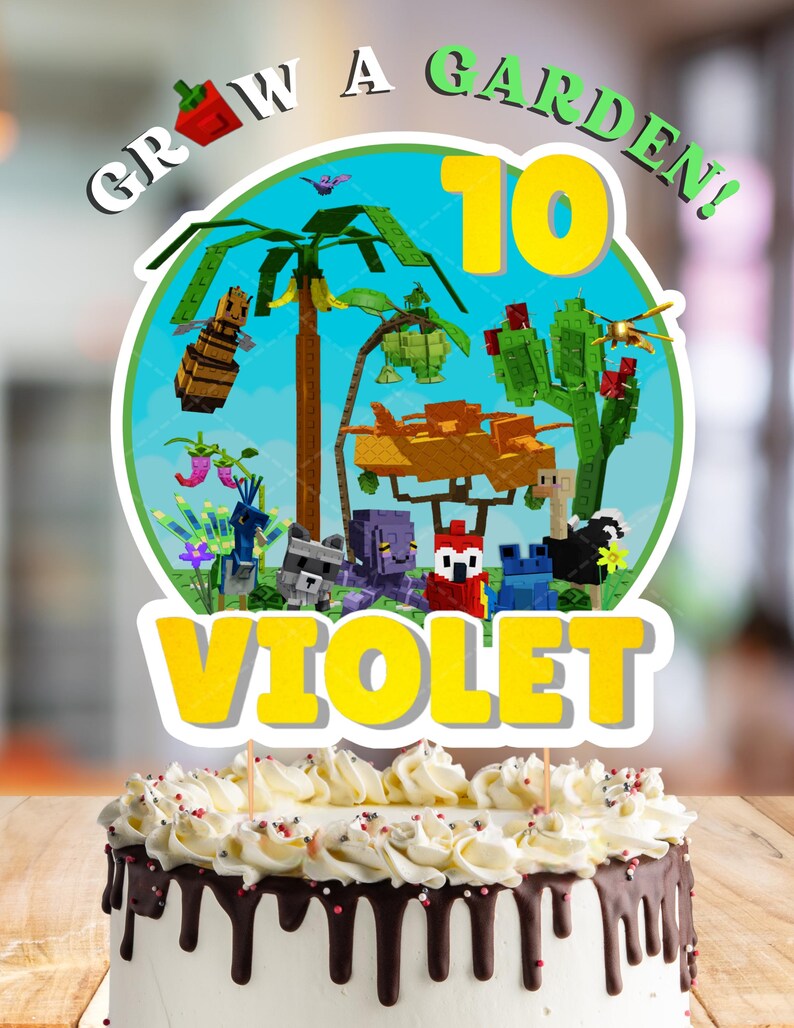 May include: A birthday cake with white frosting, chocolate drips, and a decorative topper. The topper features a colorful garden scene with the text "Grow a Garden!" and "10 Violet". The cake is on a wooden surface.