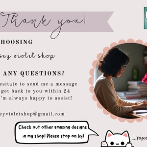 May include: A light beige graphic with the text "Thank you!" and "FOR CHOOSING rosey violet shop". A person is working on a laptop. The image also includes the text "HAVE ANY QUESTIONS?" and "Check out other amazing designs in my shop! Please stop on by!"