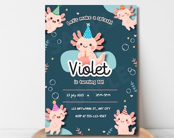 Axolotl Birthday Invitation | Editable Axolotl Invitation Template | Instant Download | Girl Birthday | Amphibian Theme Cute Kawaii