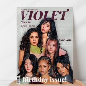 以下が含まれることがあります： 大きな濃い紫色の文字で「VIOLET」というタイトルが書かれた雑誌の表紙。表紙には6人の女性のグループが写っています。「She's 10. She's Iconic」と「birthday issue!」というテキスト、イベントの詳細と電話番号が含まれています。