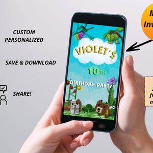 Puede incluir: Un tel&eacute;fono inteligente muestra una invitaci&oacute;n personalizada para la fiesta de cumplea&ntilde;os n&uacute;mero 10 de Violet. La invitaci&oacute;n presenta un dise&ntilde;o de dibujos animados con el texto "BIRTHAY PARTY!" y "Mobile Invitation". Los iconos indican opciones para guardar, descargar y compartir.
