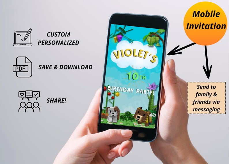 Puede incluir: Un tel&eacute;fono inteligente muestra una invitaci&oacute;n personalizada para la fiesta de cumplea&ntilde;os n&uacute;mero 10 de Violet. La invitaci&oacute;n presenta un dise&ntilde;o de dibujos animados con el texto "BIRTHAY PARTY!" y "Mobile Invitation". Los iconos indican opciones para guardar, descargar y compartir.