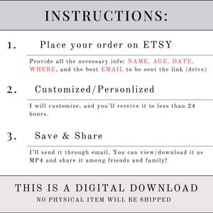Puede incluir: Fondo blanco con texto negro que detalla las instrucciones para una descarga digital. El texto incluye los pasos para realizar el pedido en Etsy, los detalles de personalizaci&oacute;n y el uso compartido del archivo. El banner inferior dice "THIS IS A DIGITAL DOWNLOAD, NO PHYSICAL ITEM WILL BE SHIPPED."