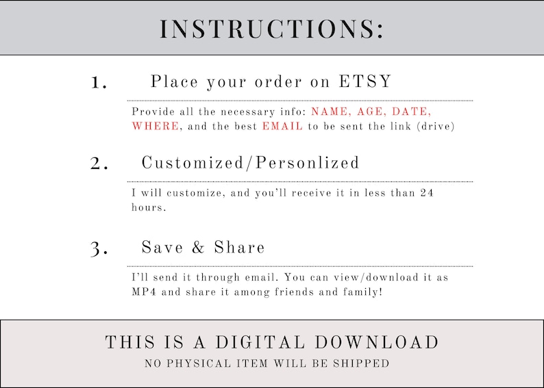 Puede incluir: Fondo blanco con texto negro que detalla las instrucciones para una descarga digital. El texto incluye los pasos para realizar el pedido en Etsy, los detalles de personalizaci&oacute;n y el uso compartido del archivo. El banner inferior dice "THIS IS A DIGITAL DOWNLOAD, NO PHYSICAL ITEM WILL BE SHIPPED."