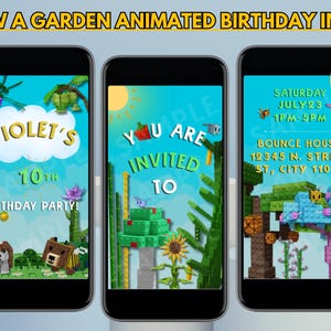 Puede incluir: Tres pantallas de tel&eacute;fonos inteligentes que muestran invitaciones de cumplea&ntilde;os animadas. Las invitaciones presentan un tema de jard&iacute;n con gr&aacute;ficos pixelados, incluyendo una tortuga, abejas y un girasol. El texto dice "Violet's 10th Birthday Party" y "You are Invited To".