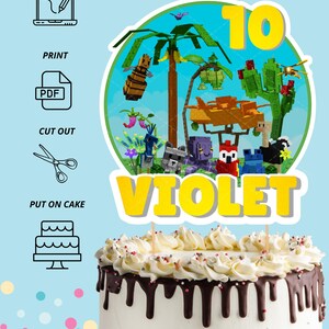 May include: A birthday cake with white icing, chocolate drips, and colourful sprinkles. The cake is topped with a yellow "10" and a "VIOLET" cake topper featuring cartoon characters and a tropical scene. Instructions for downloading, printing, and cutting out the topper are shown.