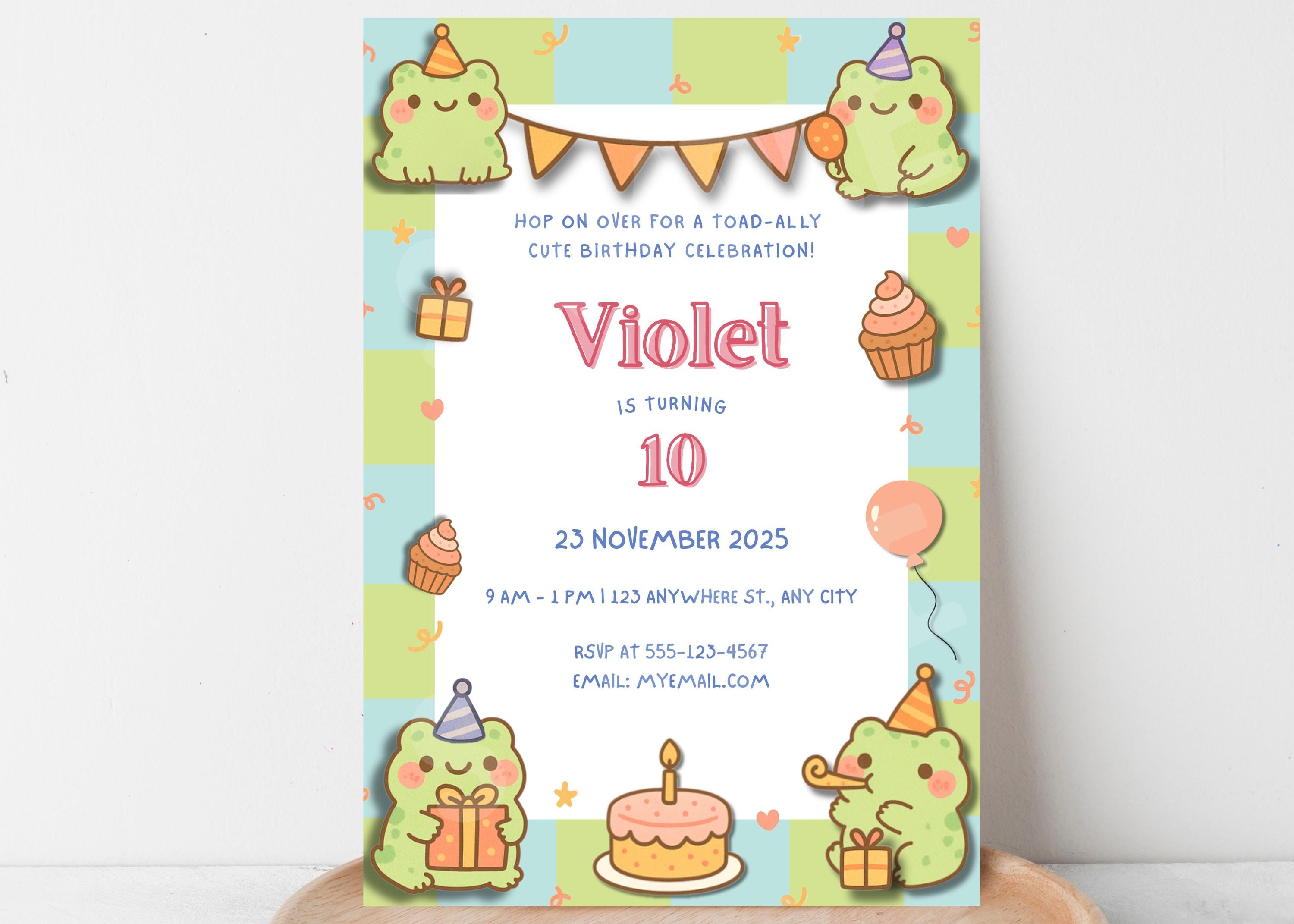 Frog Birthday Invitation | Kawaii Toad Invite for Birthday | Printable Pastel Party Template | Instant Download | Editable Canva Template