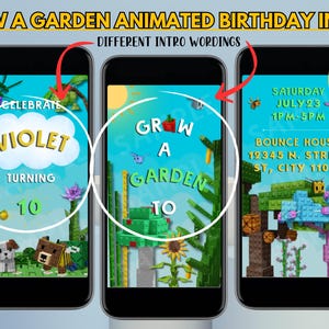 Puede incluir: Tres pantallas de tel&eacute;fonos inteligentes que muestran invitaciones de cumplea&ntilde;os animadas con un tema de jard&iacute;n. Las invitaciones presentan el texto "GROW A GARDEN ANIMATED BIRTHDAY INVITE!" e incluyen detalles como el nombre "VIOLET" e informaci&oacute;n de la fiesta.