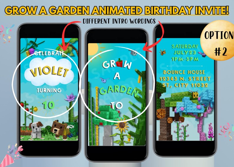 Puede incluir: Tres pantallas de tel&eacute;fonos inteligentes que muestran invitaciones de cumplea&ntilde;os animadas con un tema de jard&iacute;n. Las invitaciones presentan el texto "GROW A GARDEN ANIMATED BIRTHDAY INVITE!" e incluyen detalles como el nombre "VIOLET" e informaci&oacute;n de la fiesta.