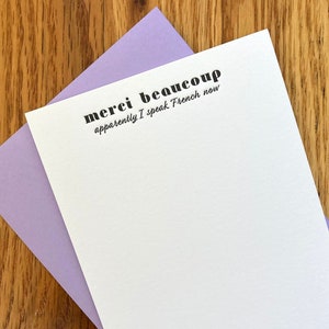 Merci beaucoup // Set of 6 flat letterpress notecards // funny thank you notecard set