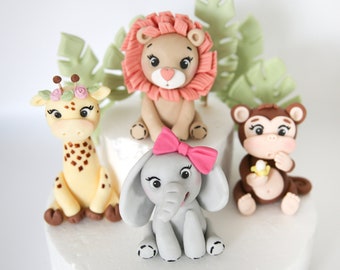 Safari Cake Topper Fondant with Leaves Bundle, Cute Female Animals Edible Cake Decorations for Baby Girls and Kids Birthday Party