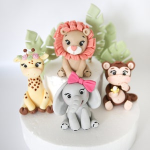 Safari Cake Topper Fondant with Leaves Bundle, Cute Female Animals Edible Cake Decorations for Baby Girls and Kids Birthday Party