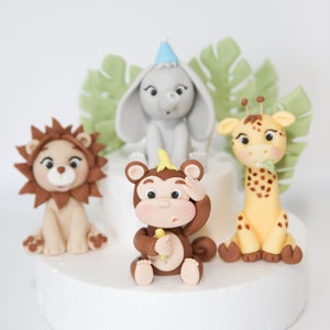 Safari Cake Topper Fondant with Leaves Bundle, Cute Male Animals Edible Cake Decorations for Baby Boys and Kids Birthday Party