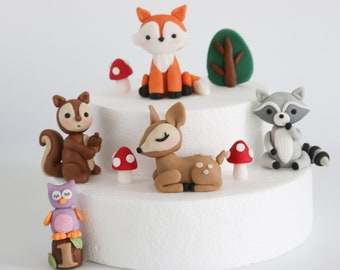 Woodland Animal Cake Topper Fondant with Mushroom and Tree, Cute Animals Edible Cake Decorations for Baby and Kids Birthday Party