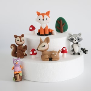 Woodland Animal Cake Topper Fondant with Mushroom and Tree, Cute Animals Edible Cake Decorations for Baby and Kids Birthday Party