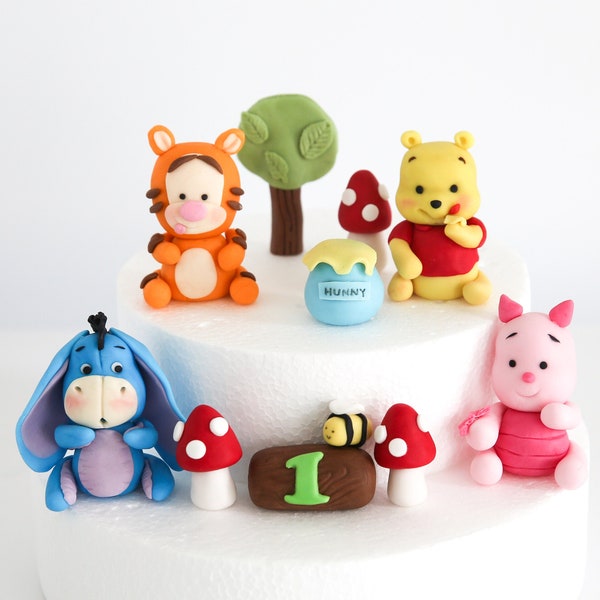 Baby Winnie the Pooh and Friends Cake Topper Fondant with Mushroom and Tree Bundle, Edible Cake Decorations for Baby and Kid Birthday Party