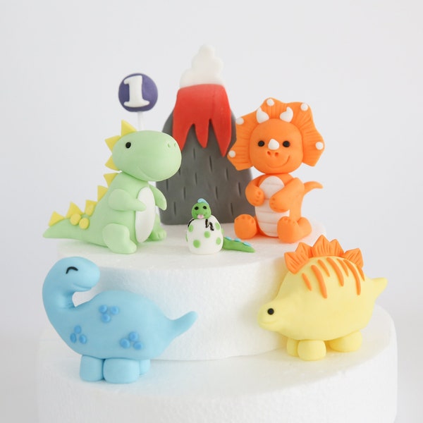 Dinosaur Cake Topper Fondant with Volcano and Balloon, Cute Dinosaur Edible Cake Decorations for Baby and Kids Birthday Party