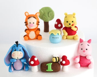 Baby Winnie the Pooh and Friends Cake Topper Fondant with Mushroom and Tree Bundle, Edible Cake Decorations for Baby and Kid Birthday Party