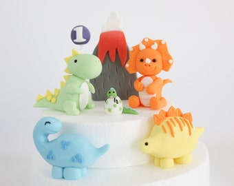 Dinosaur Cake Topper Fondant with Volcano and Balloon, Cute Dinosaur Edible Cake Decorations for Baby and Kids Birthday Party