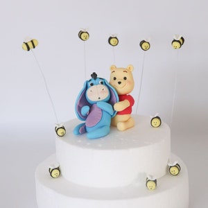 Winnie the Pooh hugging Eeyore Cake Topper Fondant with Bees Bundle, Edible Cake Decorations for Baby and Kid Birthday Party