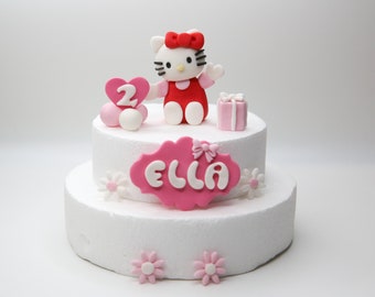 Cute Kitty Cake Topper Fondant with Personalised Number, Name Tag, and Decorations for Baby and Kid Birthday Party