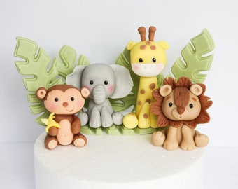 Ensemble de décorations pour gâteau Baby Safari fondant avec feuilles, animaux mignons, décoration de gâteau comestible de la jungle pour fête d'anniversaire de bébé et d'enfants