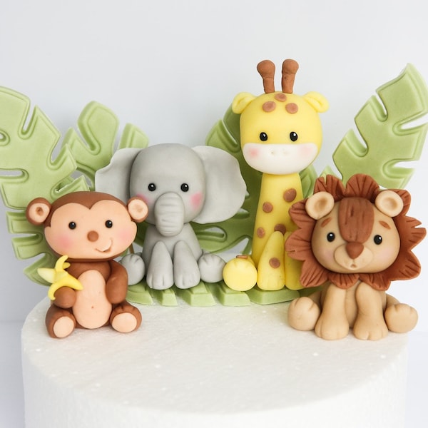 Baby Safari Cake Topper Fondant mit Blätter Bundle, süße Tiere Dschungel essbare Kuchen Dekoration für Baby und Kinder Geburtstagsfeier