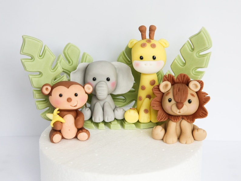 Baby Safari Cake Topper Fondant with Leaves Bundle, Cute Animals Jungle Edible Cake Decorations for Baby and Kids Birthday Party image 1
