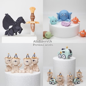 May include: A collection of fondant cake toppers featuring a variety of themes, including a winged horse and sword, a sea creature with a fish and turtle, and a group of teddy bears wearing party hats.