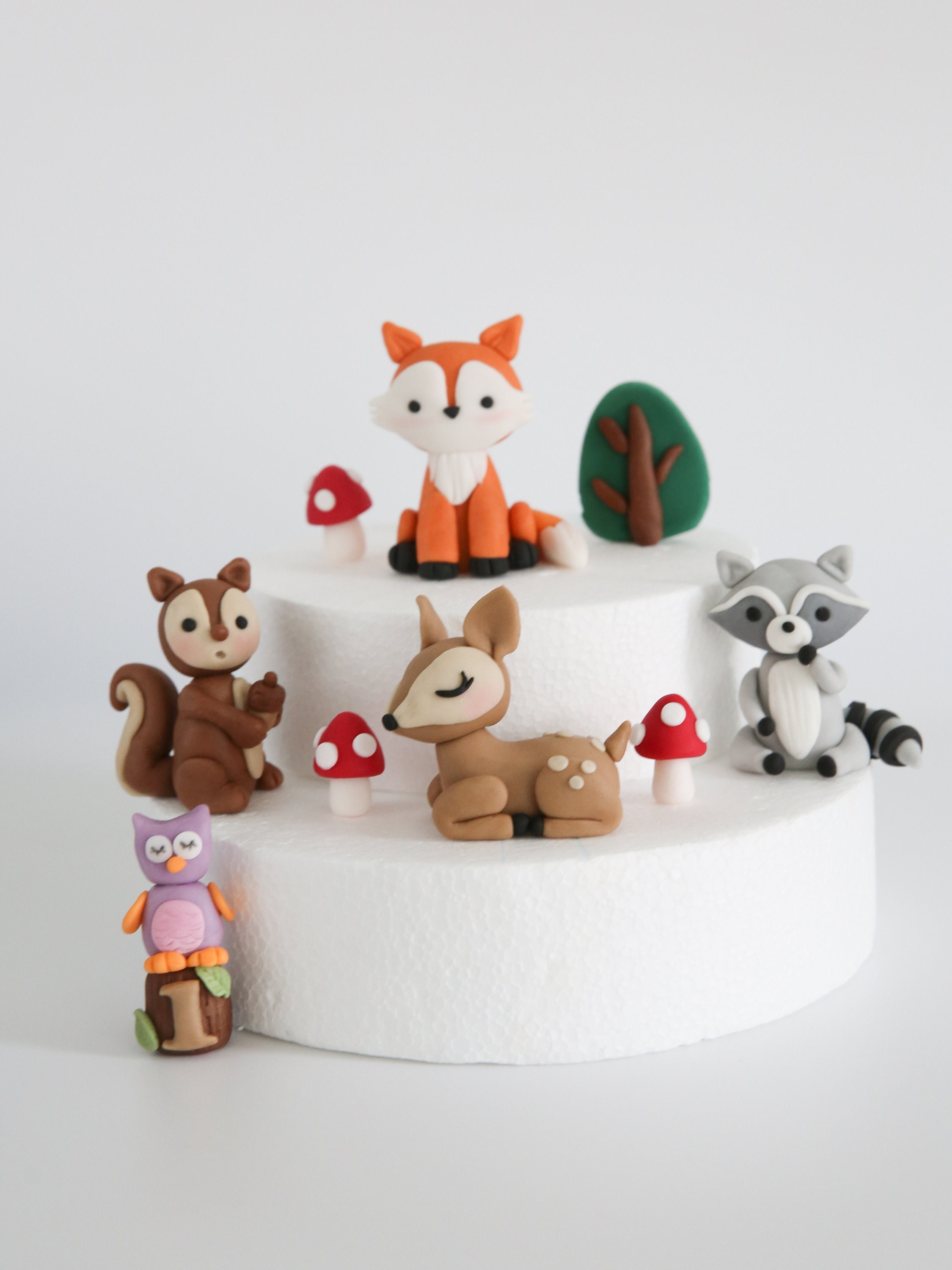 Woodland Animal Cake Topper Fondant With Mushroom and Tree - Etsy