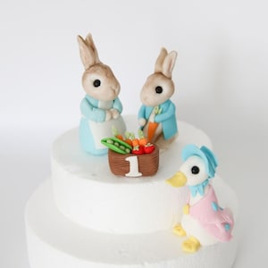 Unofficial Peter Rabbit, Mrs Josephine Rabbit and Jemima Duck Cake Topper Fondant with Vegetables for Easter Birthday Party, Christening