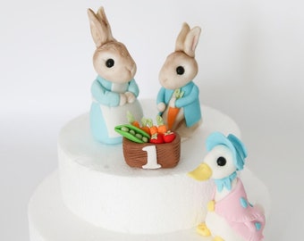 Unofficial Peter Rabbit, Mrs Josephine Rabbit and Jemima Duck Cake Topper Fondant with Vegetables for Easter Birthday Party, Christening