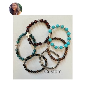 Custom Christian Stone Cross Bead Stretch Bracelet