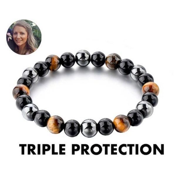 Triple Protection Bracelet- Tiger's Eye, Black Obsidian, Hematite for Protection, and Balance-Healing Energy Bracelet USA Made 10mm 8mm 6mm