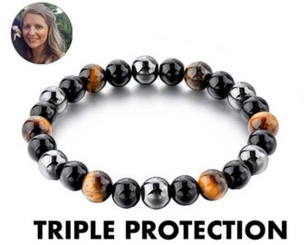 Triple Protection Bracelet- Tiger's Eye, Black Obsidian, Hematite for Protection, and Balance-Healing Energy Bracelet USA Made 10mm 8mm 6mm