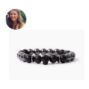 Black Skull Bracelet For Men and Women- Handmade Onyx and Hematite Stones with Black Forged Metal Skull- 7.5 Inches