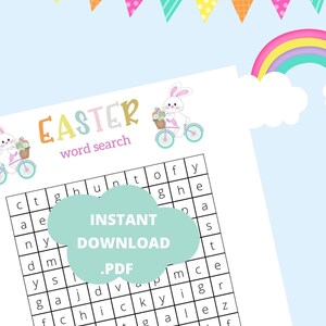 May include: Easter-themed word search printable. The design features a pastel color scheme with a rainbow, clouds, and a bunny riding a bicycle. The words to find are listed at the bottom. The text "INSTANT DOWNLOAD .PDF" is in the center.