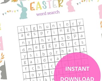 May include: Easter-themed word search puzzle with pastel bunny and floral illustrations. The grid contains hidden words like 'egg' and 'spring'. A pink circle indicates an instant PDF download.