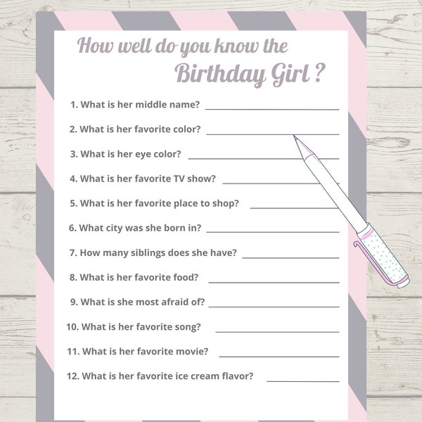 Birthday Games, Girl Birthday Party Games, Printable Birthday games, How well do you know the birthday Girl, Birthday games for her