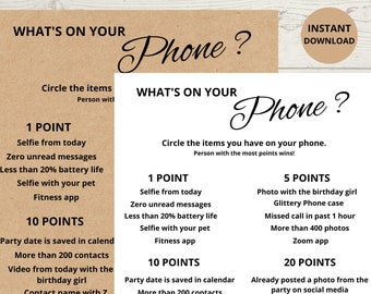 Birthday Games , What is on your phone, Adult Birthday Party ,Birthday games for her, Printable birthday party games, Adult Birthday Games